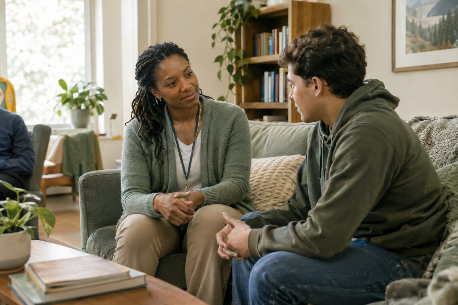 Residential counselor in conversation