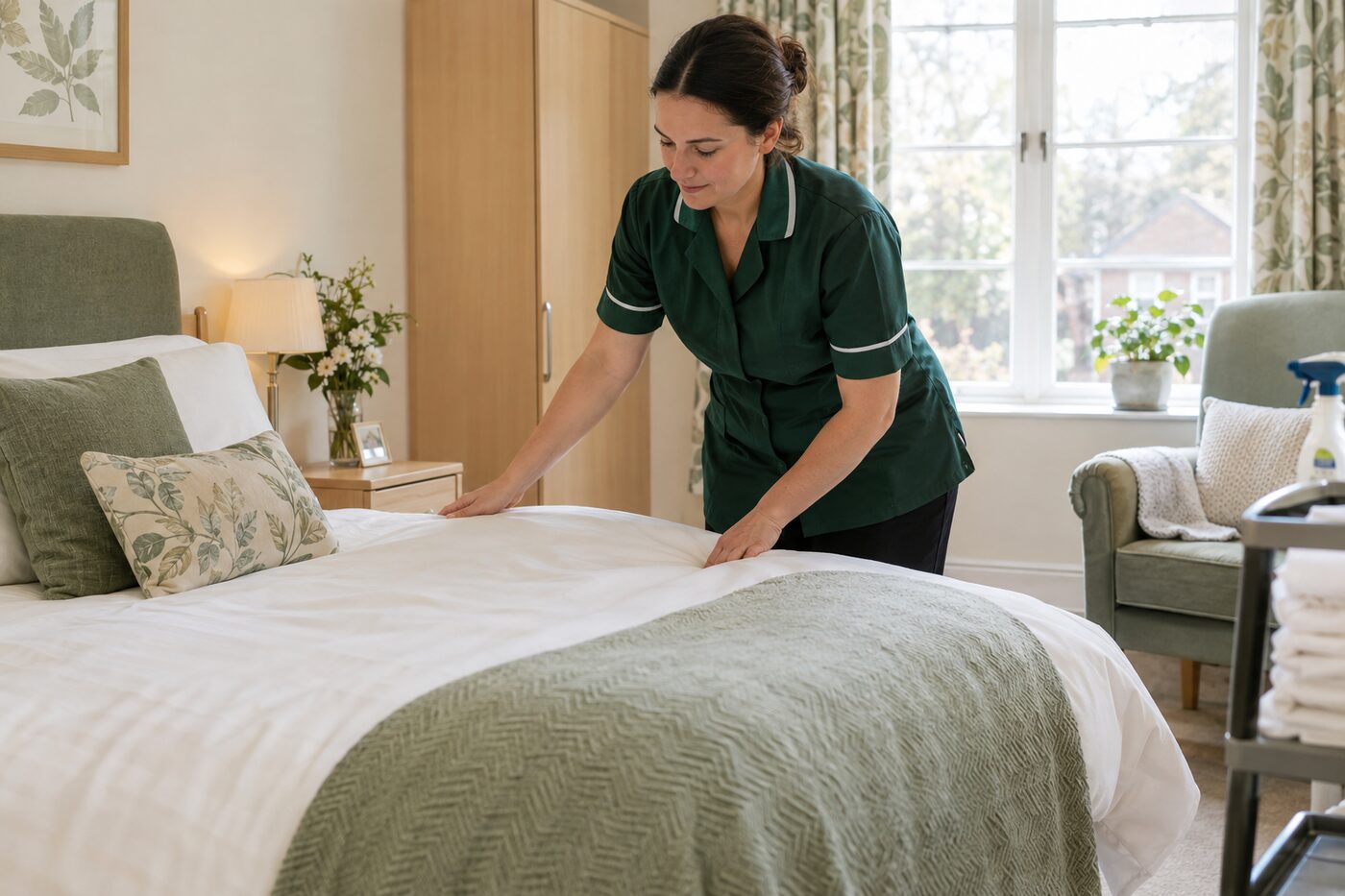 Cleaner making a bed