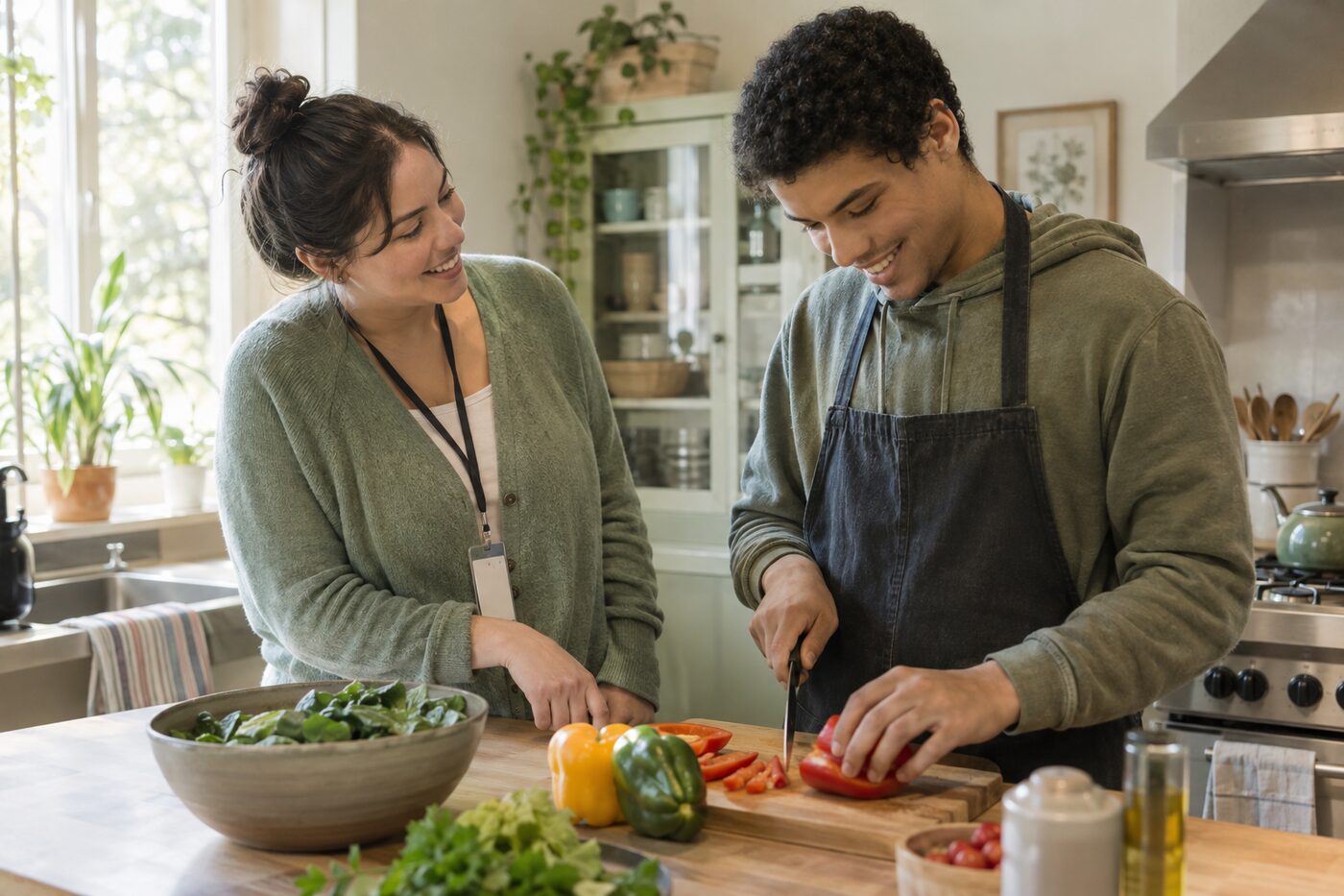 Counselor teaching cooking