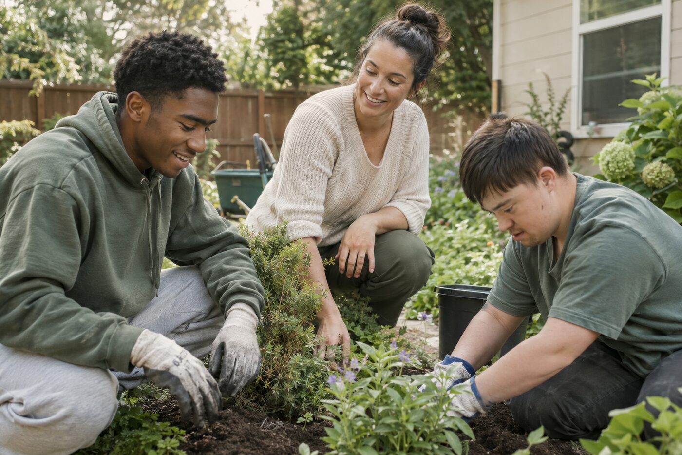 Counselor gardening with residents