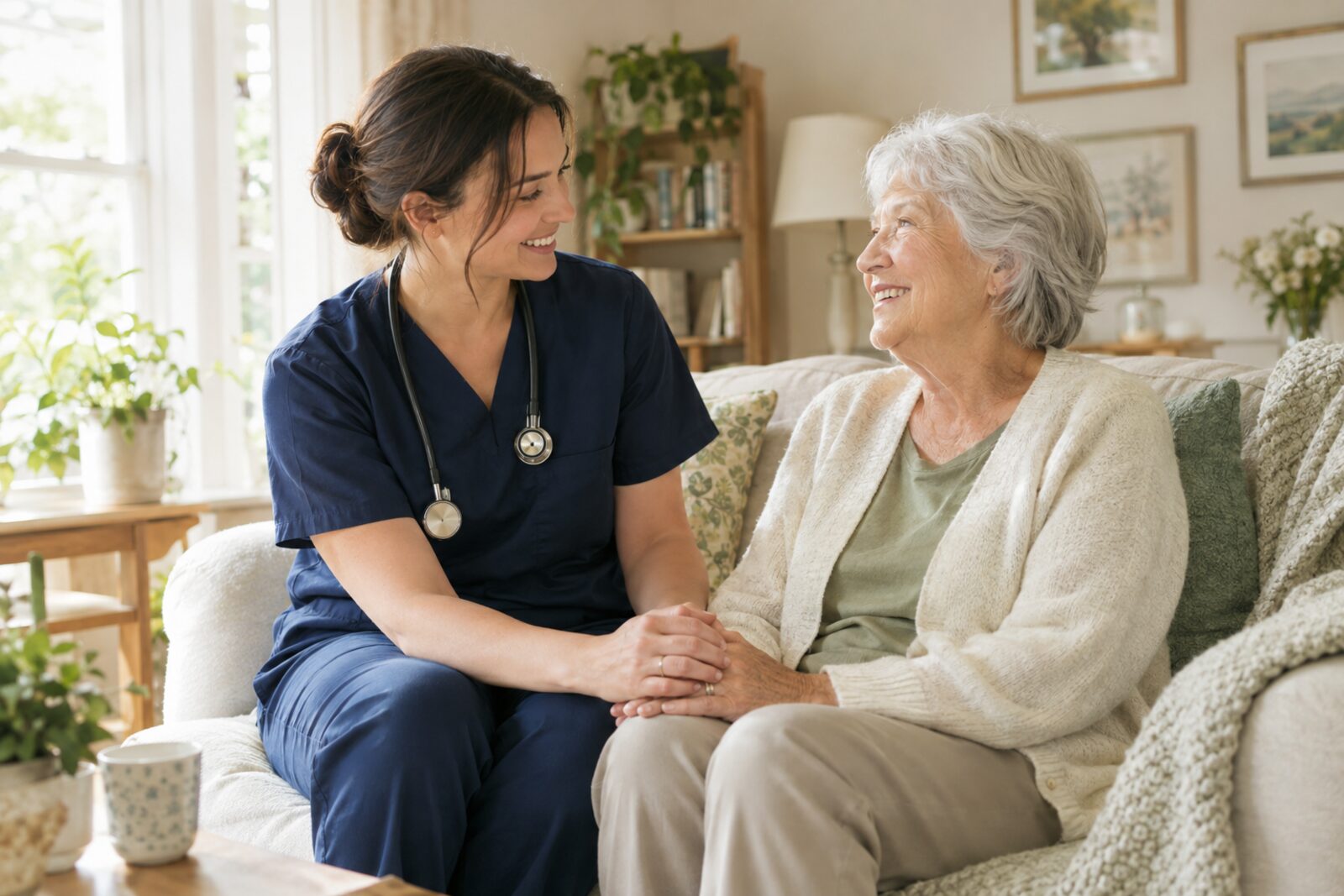 Nurse holding hands with a smiling elderly woman at home